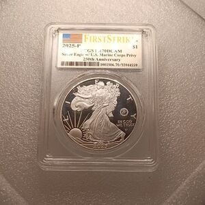 Silver American Eagle 1 oz Coin in Protective Slab Marine Privy
